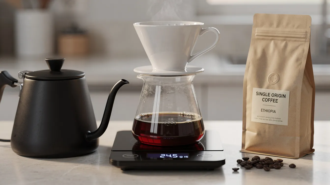 The image depicts a pour-over coffee setup on a kitchen counter, featuring a ceramic dripper positioned atop a glass carafe, alongside a gooseneck kettle, a digital scale for measuring coffee grounds, and a bag of whole bean coffee. This setup is ideal for making pour over coffee, allowing for precise control over water temperature and coffee ratio for a flavorful final brew.
