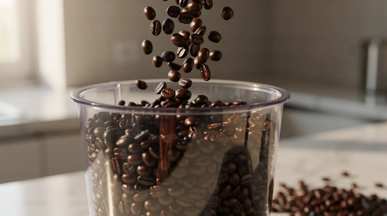 A close-up view shows whole coffee beans being poured into the hopper of a coffee grinder on a kitchen counter, ready for grinding. This scene highlights the process of preparing fresh coffee, emphasizing the importance of grind consistency for brewing methods like drip coffee or espresso.