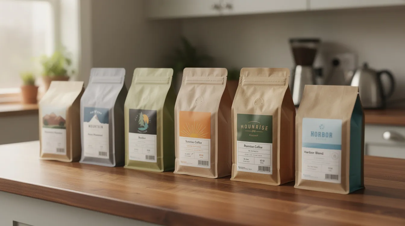 The image shows an assortment of coffee bags from various specialty brands and roasters, neatly arranged on a rustic wooden kitchen counter. The vibrant packaging highlights different blends and flavors, appealing to coffee lovers and drinkers eager to explore the diverse coffee world.