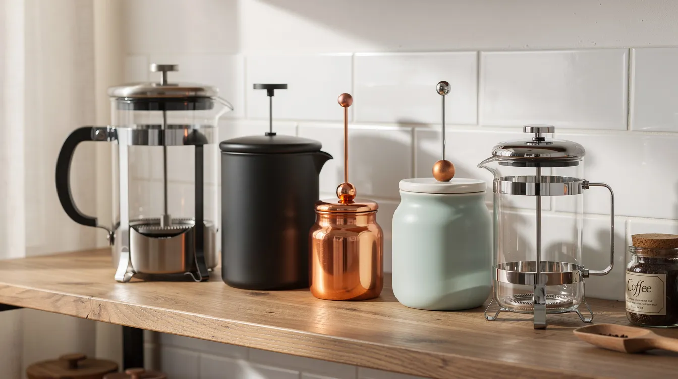 The image features a collection of various French press coffee makers, showcasing different materials such as glass and stainless steel, along with various sizes, all neatly arranged on a kitchen shelf. This display highlights popular models like the Bodum French press and insulated options, perfect for brewing smooth, flavorful coffee.