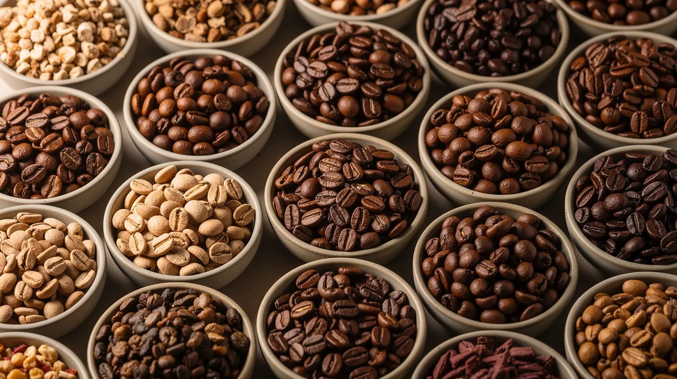 The image features a close-up view of various coffee beans from different origins, arranged in small ceramic bowls, showcasing an array of roast colors from light to dark. This vibrant display highlights the diversity of freshly roasted coffee, appealing to coffee lovers and enthusiasts of specialty coffee subscriptions.