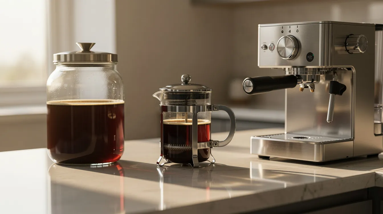 The image showcases a kitchen countertop featuring a French press, a cold brew glass jar, and an espresso machine, all essential tools for exploring different brewing methods and flavors of coffee. The setup suggests a focus on quality coffee, with the potential for tasting various roast levels and profiles, from smooth to full-bodied.