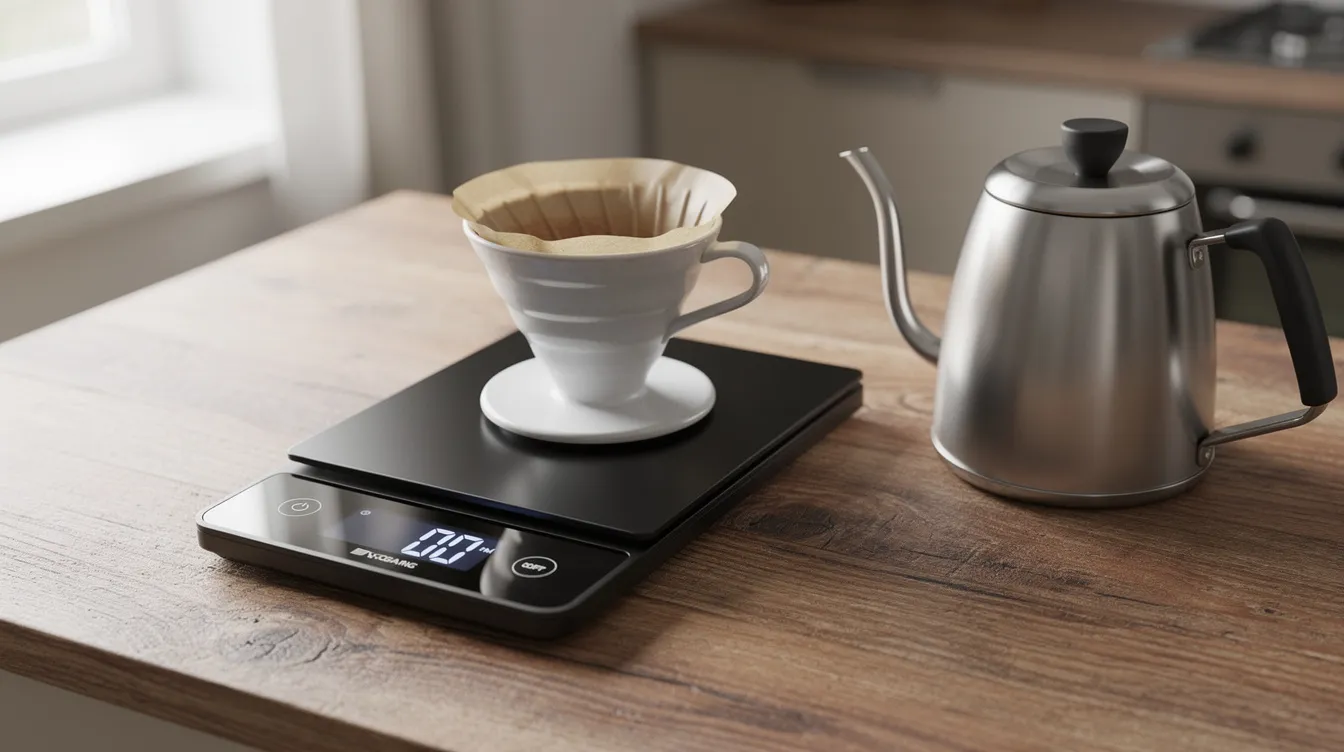 A pour-over coffee dripper is positioned on a digital coffee scale, which features a clear digital display, next to a sleek gooseneck kettle on a wooden countertop, creating an inviting setup for brewing coffee. This scene highlights essential tools for measuring coffee accurately, emphasizing the importance of the coffee to water ratio in the coffee making process.
