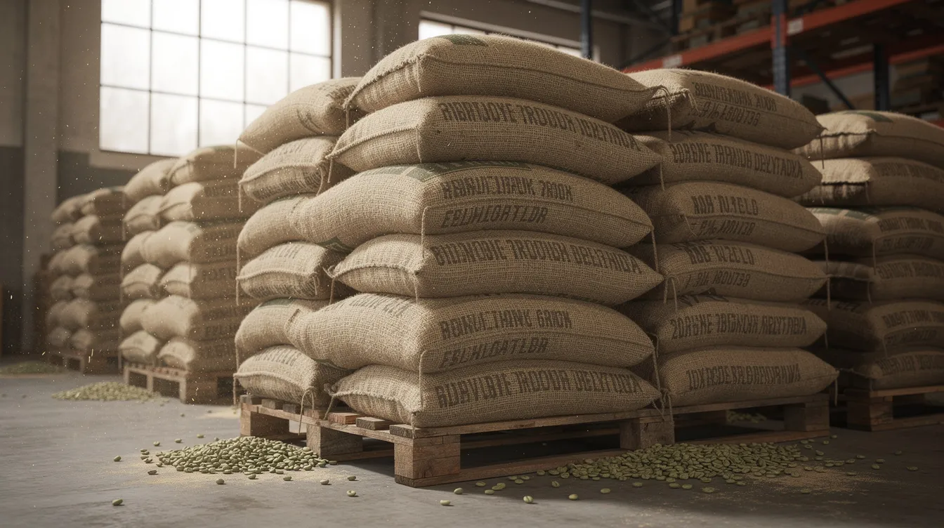 The image depicts burlap sacks filled with green unroasted coffee beans neatly stacked in a warehouse, highlighting the raw materials essential for coffee production. These beans, often sourced from fair trade certified coffee farmers, represent a crucial step in the sustainable development and ethical practices within the coffee supply chain.