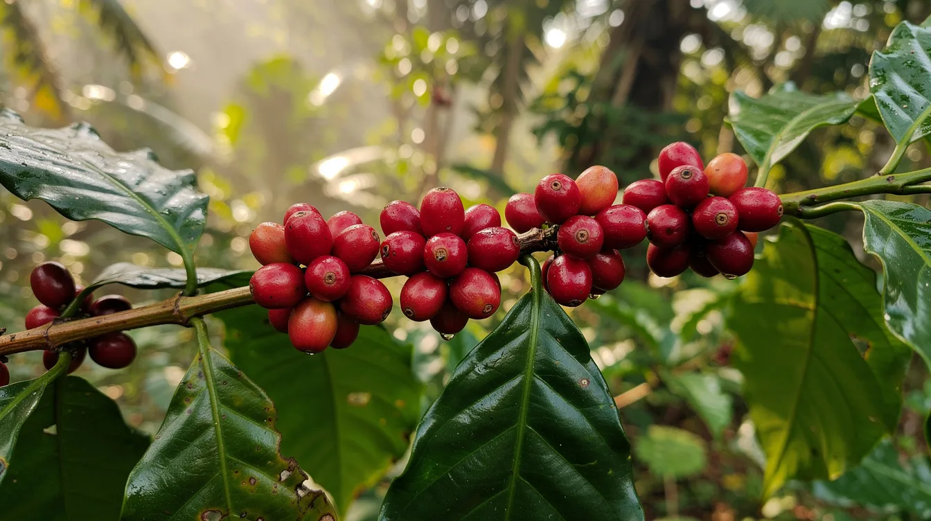 The image shows ripe red coffee cherries on a coffee plant branch, set against a lush tropical backdrop. This vibrant scene highlights the coffee production process and the importance of sustainable farming practices in cultivating high-quality coffee beans.