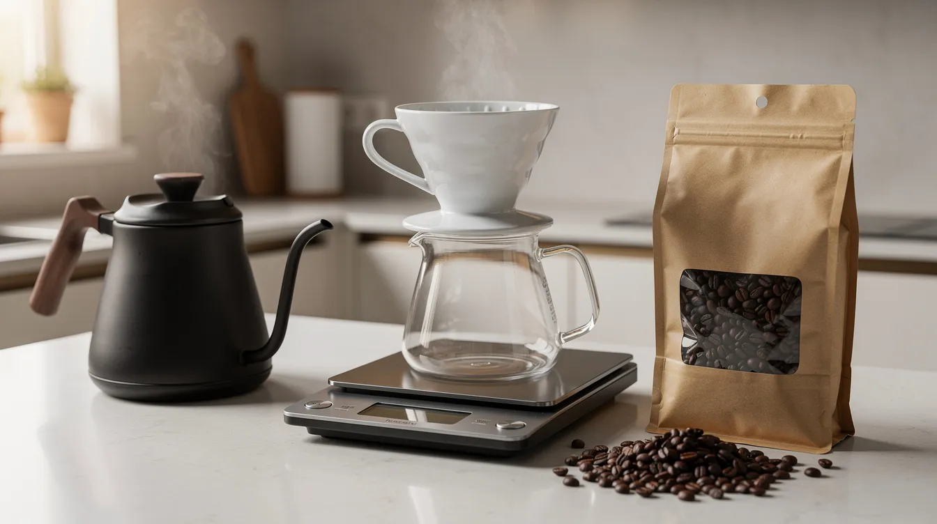 The image showcases a complete pour over coffee setup on a counter, featuring a sleek gooseneck kettle with a curved spout for precision pouring, a digital scale for measuring coffee grounds, a ceramic dripper, and a bag of coffee beans ready for brewing. This setup highlights the essentials for achieving optimal water temperature and a perfect brew.