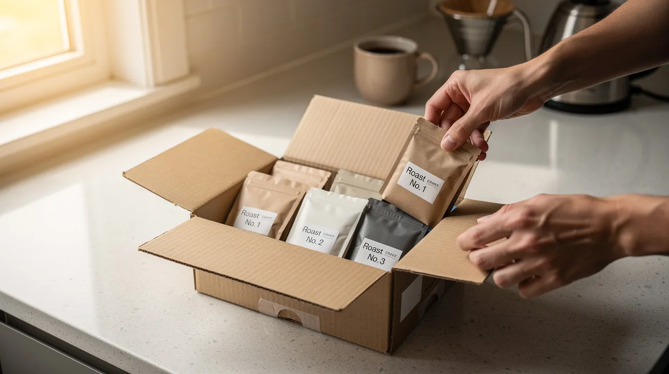 A subscription coffee box is being opened on a kitchen counter, revealing multiple small bags of freshly roasted coffee, perfect for coffee lovers to explore different flavors and roasters. This delightful assortment highlights the best coffee subscriptions, offering a variety of tasting notes and roast levels for every coffee drinker's preference.