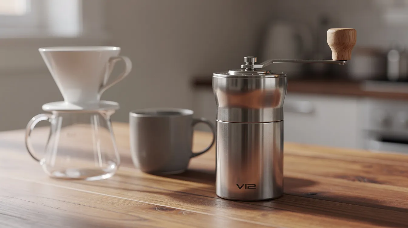 A compact manual coffee grinder sits on a wooden desk beside a ceramic pour-over dripper and a mug, showcasing the perfect setup for coffee lovers to grind their coffee beans and brew a delicious cup. The scene highlights the simplicity and efficiency of using a quality burr grinder for consistent grind quality.