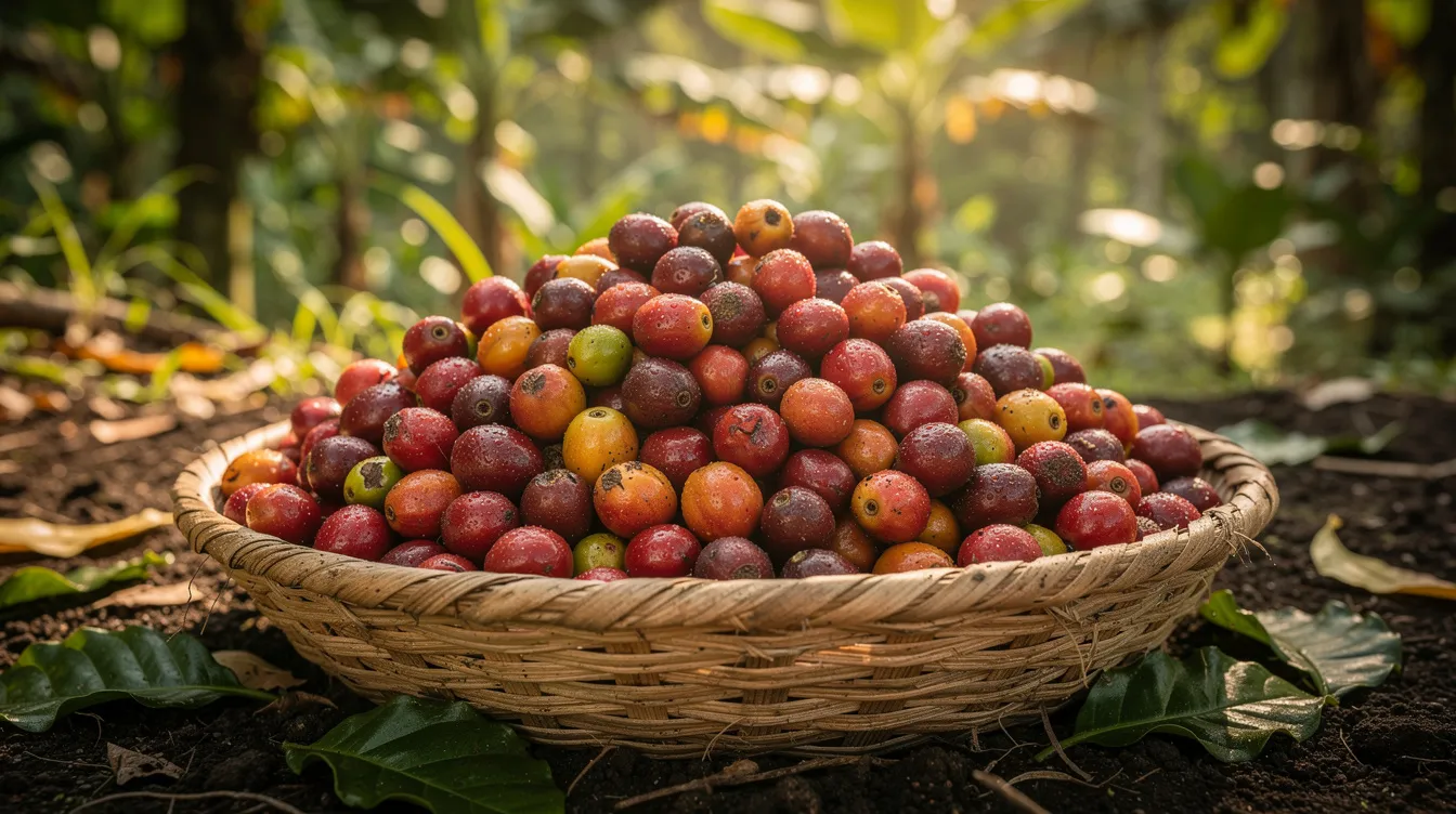 A woven basket filled with freshly harvested, large, irregularly shaped coffee cherries is set against a lush tropical backdrop, showcasing the vibrant colors of the fruit. These coffee cherries, which can eventually produce various types of coffee like arabica and robusta beans, highlight the rich coffee culture and production in tropical regions.