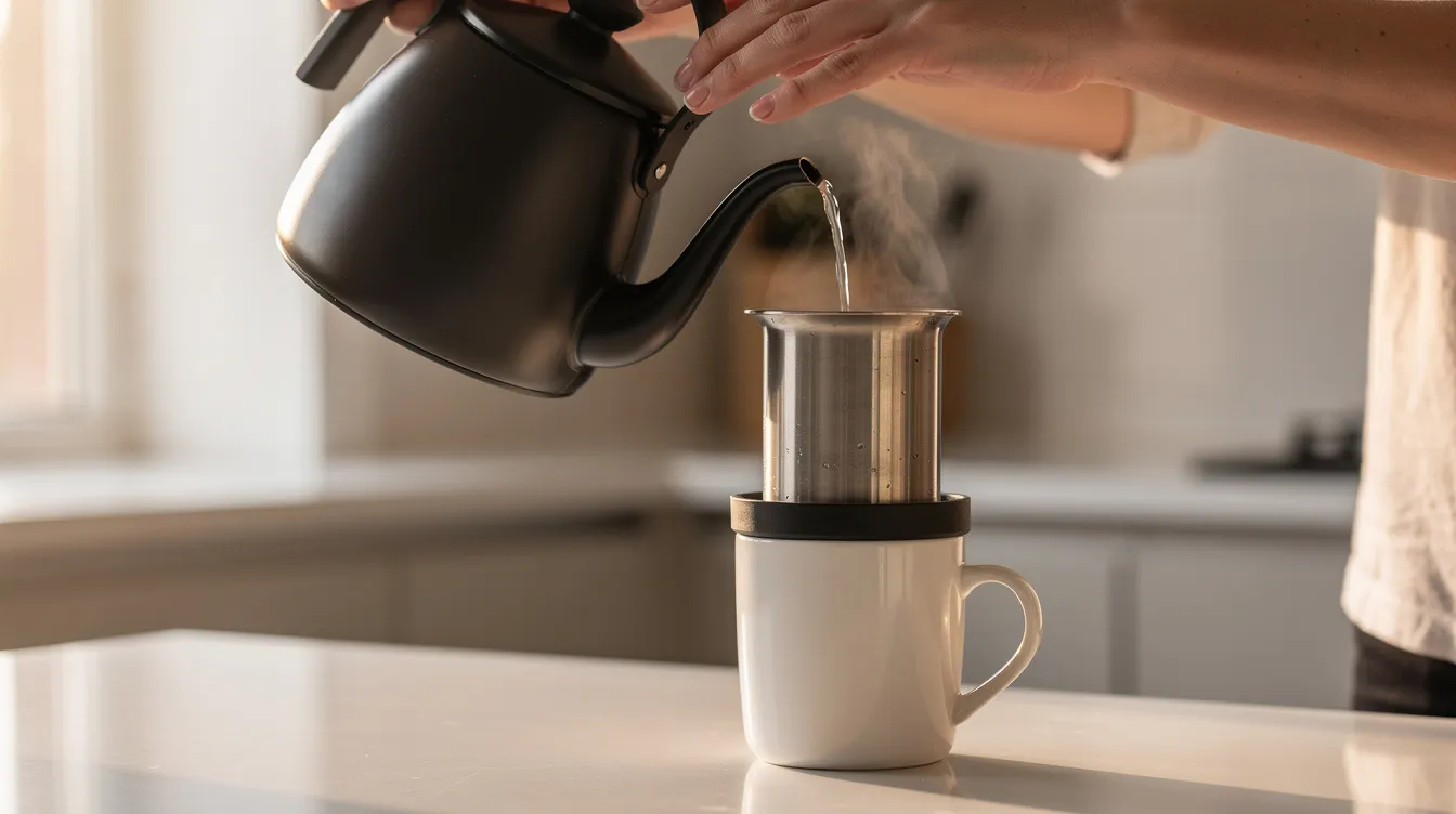 A person is pouring hot water from a gooseneck kettle into a cylindrical coffee brewer, which is positioned atop a ceramic mug, as part of the brewing process for a delicious cup of coffee. The setup suggests an interest in methods like aeropress coffee, showcasing a careful approach to achieving smooth coffee with optimal flavor extraction.