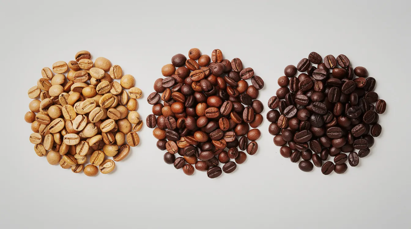 The image features three small piles of roasted coffee beans arranged in a line, showcasing a color gradient from light tan to rich dark brown, representing the different coffee roast levels: light roast, medium roast coffee, and dark roast. This visual progression highlights the roasting process and the varying flavor profiles that coffee drinkers can expect from each roast.