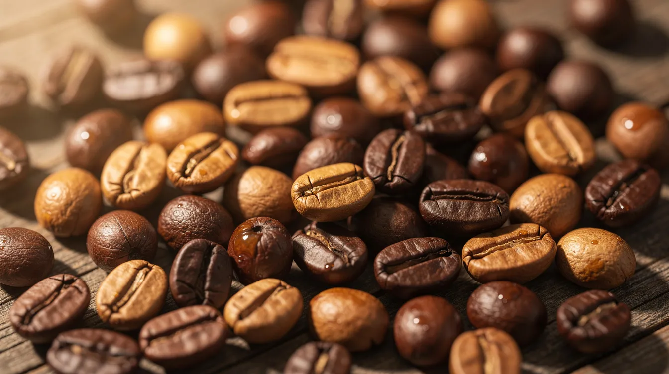 A close-up view of freshly roasted coffee beans in a range of colors from light golden to deep dark brown is scattered across a wooden surface, showcasing the variety and richness of specialty coffee brands. This image highlights the unique roast levels and flavor profiles that appeal to coffee drinkers looking for the best grocery store coffee options.