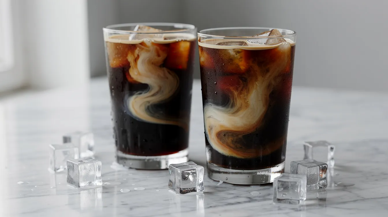 Two tall glasses of cold brew coffee sit on a marble surface, with milk swirling through the dark liquid, creating a visually appealing contrast. Ice cubes are scattered nearby, enhancing the refreshing look of this chilled coffee drink.