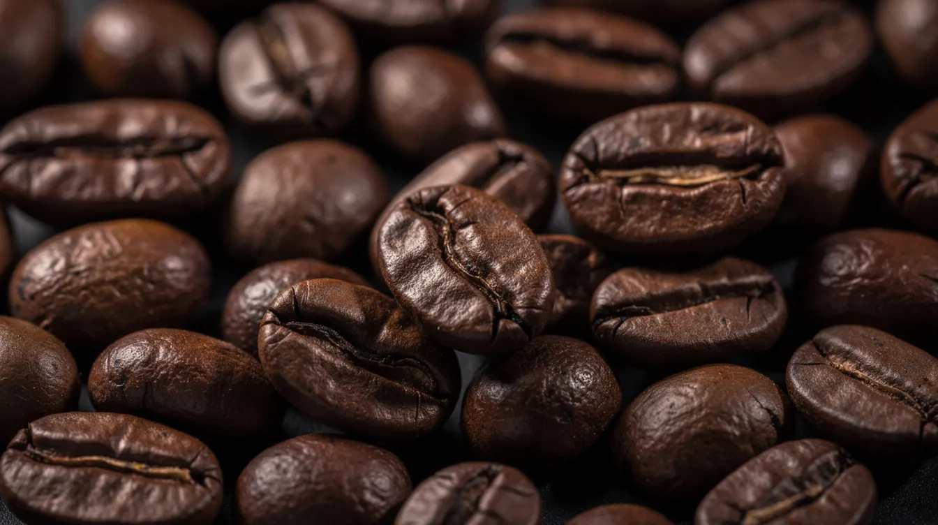 A close-up view of dark roasted coffee beans showcases their glossy surface against a dark background, highlighting the rich texture and deep color typical of specialty coffee. These freshly roasted coffee beans are perfect for those seeking the best coffee for beginners in 2026, offering unique flavors and a smooth drinking experience.