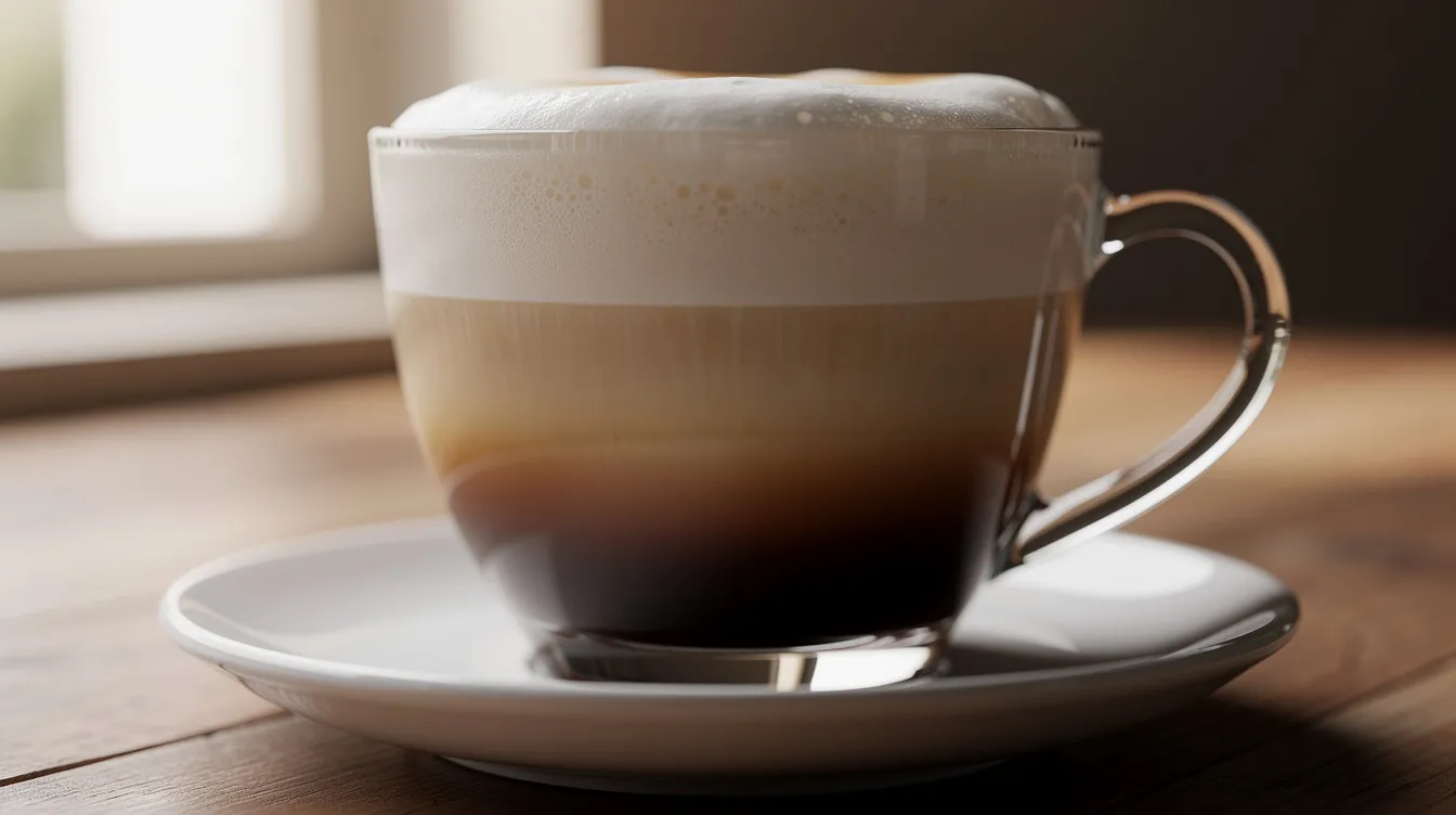 The image shows a glass cup filled with a beautifully layered latte, showcasing the distinct separation between rich espresso and creamy steamed milk. This visually appealing coffee drink highlights the artistry of coffee making, perfect for coffee lovers who appreciate both espresso and milk-based beverages.