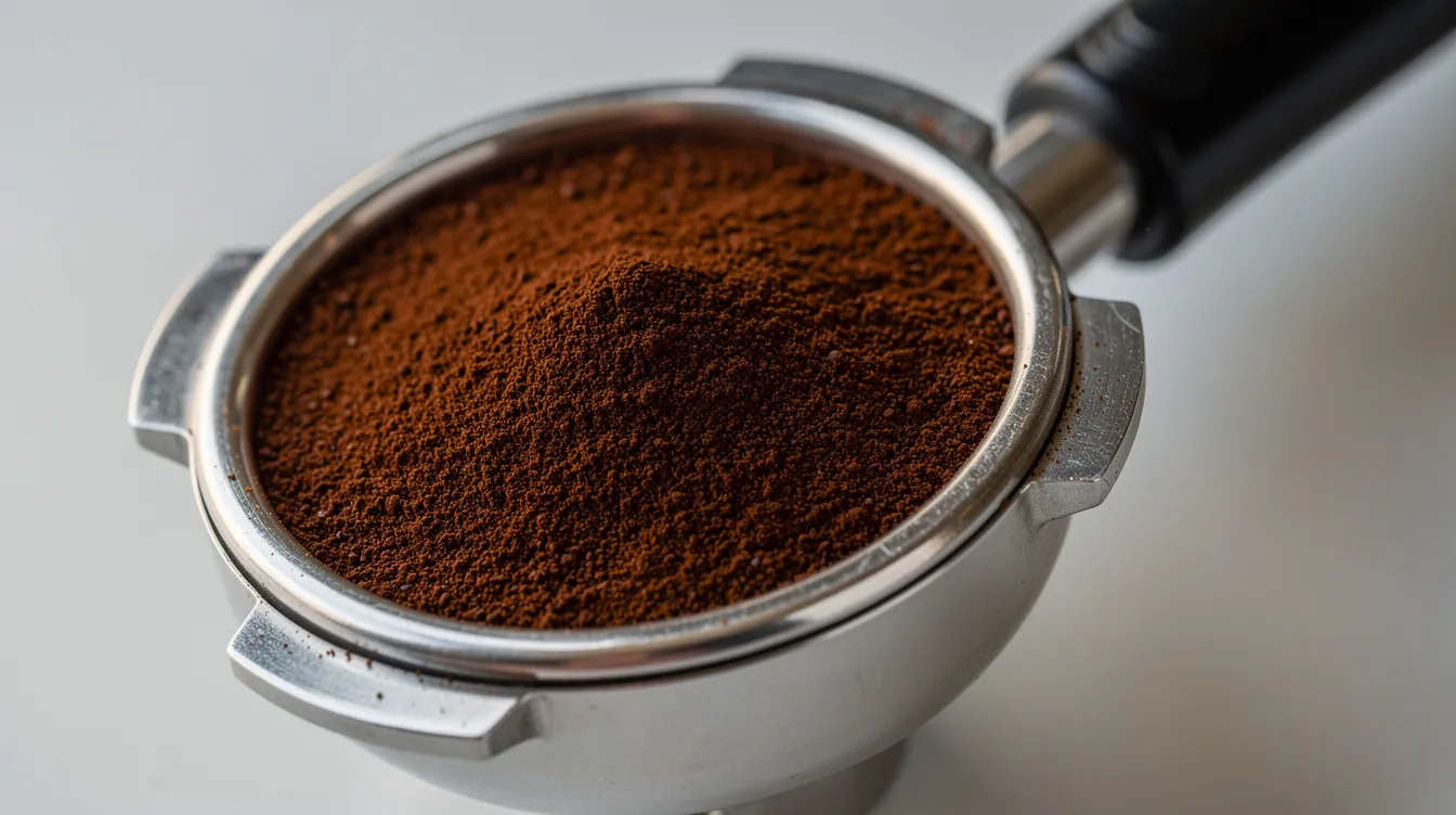 A close-up view of a portafilter basket filled with finely ground espresso, showcasing an even distribution of coffee grounds, ideal for achieving great espresso shots. This image highlights the importance of quality grinder settings for home espresso machines, ensuring optimal espresso brewing and flavor extraction.