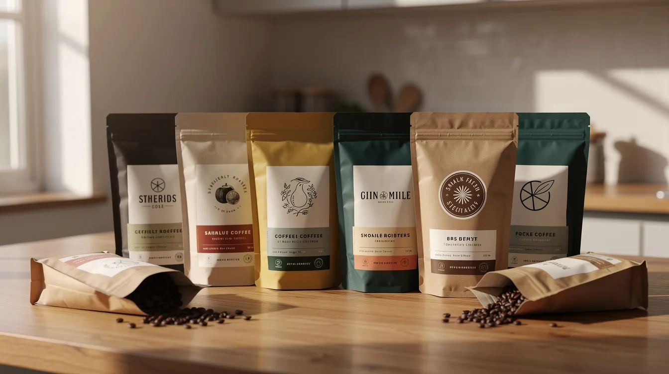 The image showcases an array of freshly roasted coffee bags from various specialty roasters, elegantly arranged on a wooden kitchen counter. Each bag represents high-quality coffee, perfect for coffee lovers looking to explore different flavor notes and brewing methods.