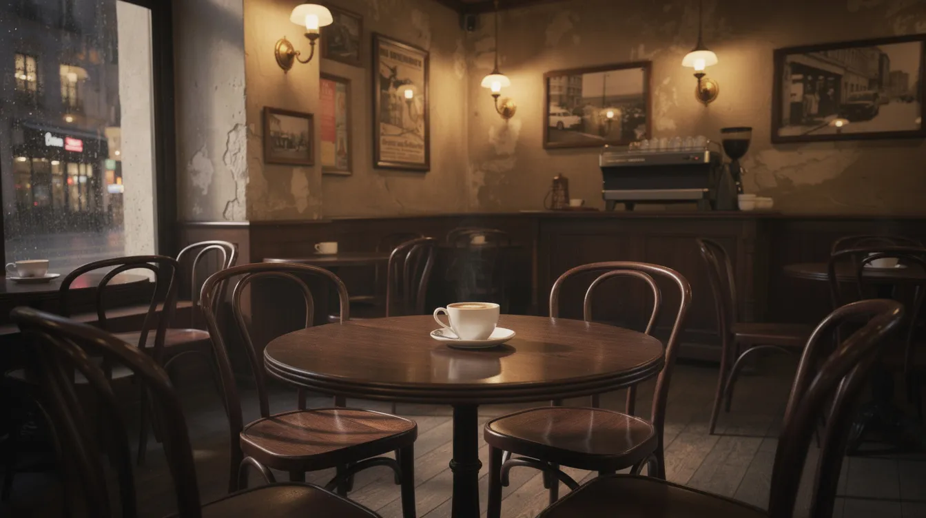 The image depicts a dimly lit historic European-style café interior, featuring wooden tables and ceramic cups, evoking a sense of traditional coffee culture. This cozy setting invites patrons to enjoy brewed coffee, reminiscent of the rich history of coffee houses that have flourished since the 17th century.