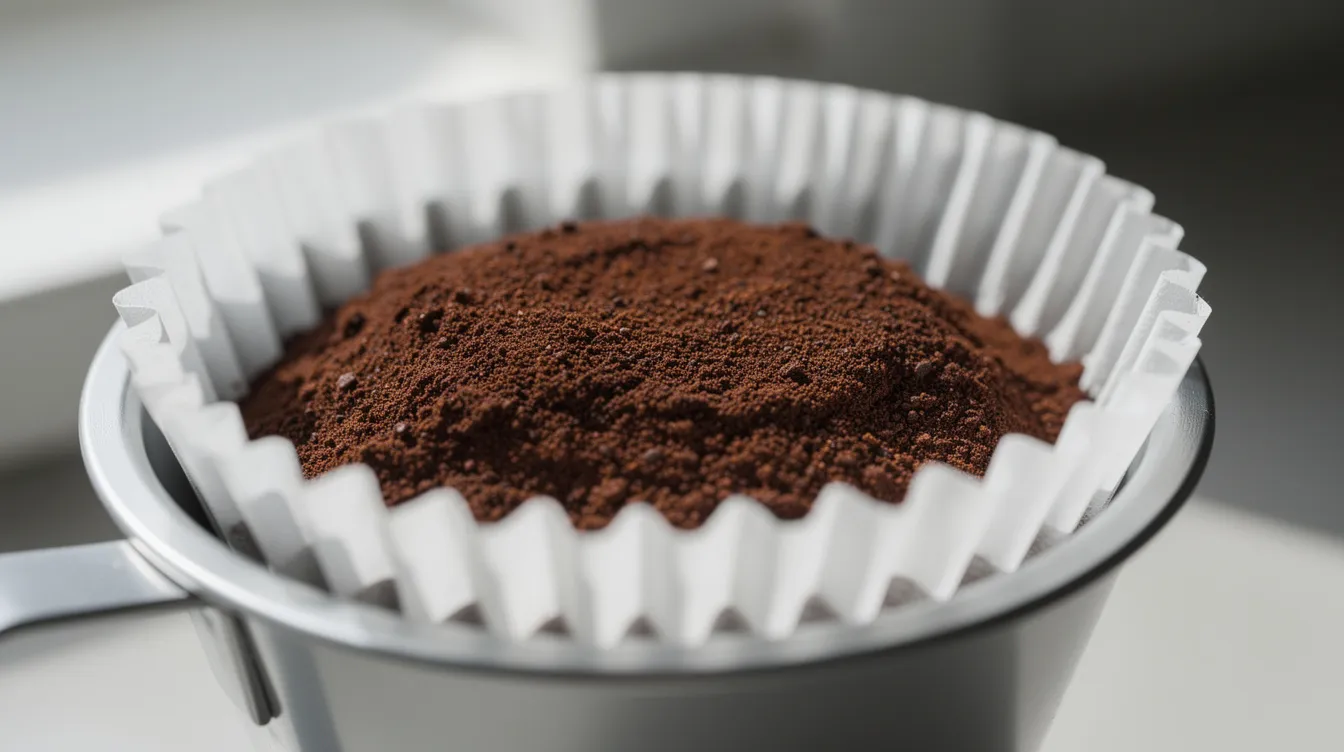 A close-up view of medium-ground coffee nestled in a white paper filter, positioned inside the basket of a drip coffee maker, showcasing the brewing process for coffee drinkers seeking the best tasting coffee. The image highlights the texture of the coffee grounds, ready to deliver a consistent cup of freshly brewed coffee.