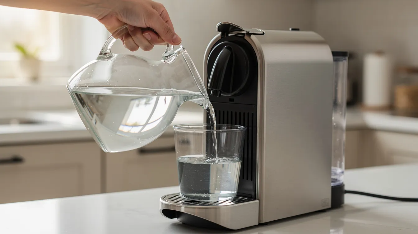 A person is pouring filtered water into the rear reservoir of a compact espresso machine in a home kitchen, preparing for the brewing process. The espresso machine, likely a Breville model, features a control panel and a small drip tray, indicating its suitability for making cafe quality espresso at home.