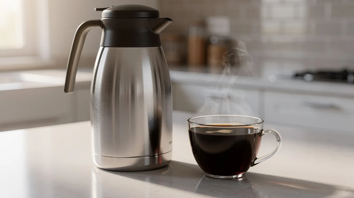 A stainless steel thermal carafe sits elegantly next to a fresh cup of black coffee on a countertop, showcasing an effective thermal carafe that helps maintain the coffee's temperature. This setup highlights the simplicity and enjoyment of brewing a delicious cup of coffee, perfect for coffee drinkers who appreciate the best tasting coffee.