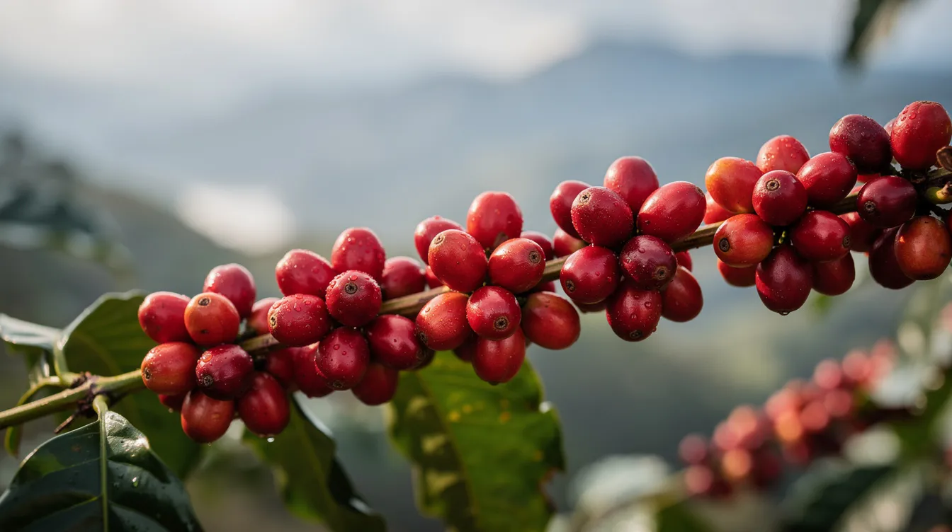 A close-up view of bright red ripe coffee cherries hanging from a branch, with a blurred mountainous landscape in the background, showcasing the vibrant colors of the coffee cherries that are integral to the coffee industry. The image highlights the connection between the rich volcanic soils of Kenya and the quality of Kenyan coffee beans, emphasizing their unique flavors and bright acidity.