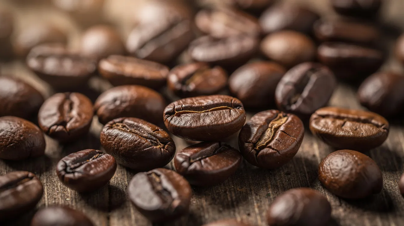 A close-up view showcases an array of freshly roasted whole coffee beans scattered across a rustic wooden surface, highlighting their rich color and texture. Proper storage in an airtight container is essential to maintain coffee bean freshness and flavor, ensuring they stay fresh for a longer period.