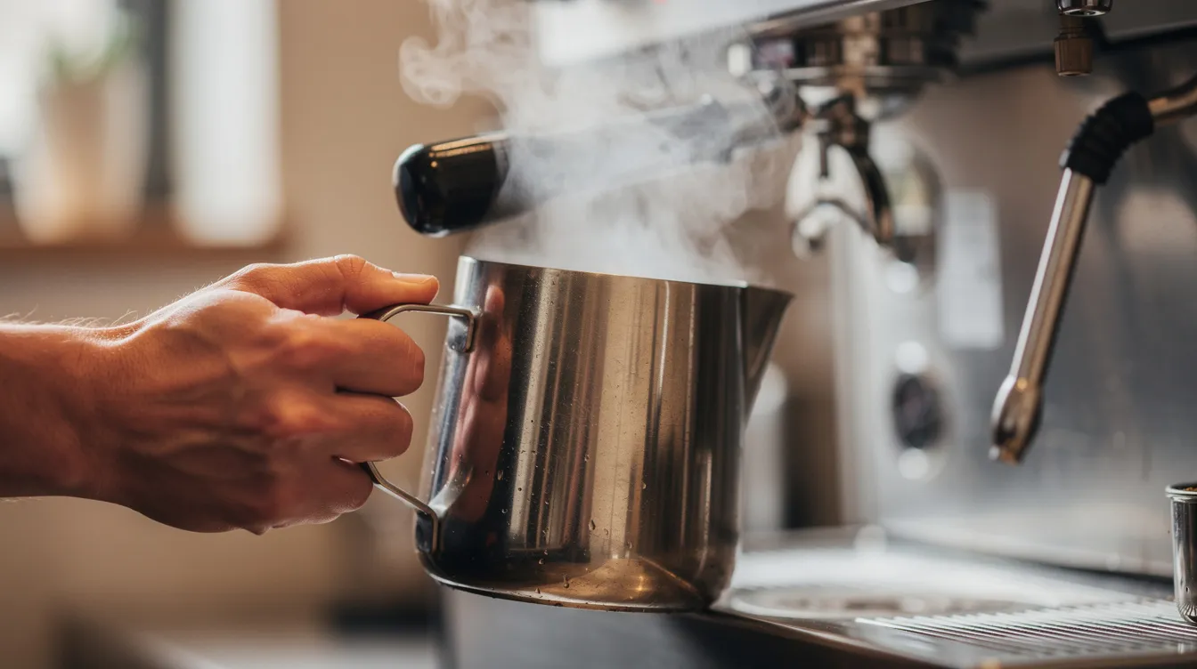 A person is holding a brushed stainless steel milk pitcher under a steam wand, with visible steam rising, indicating they are steaming milk for a coffee drink. This scene captures the essence of making quality espresso drinks, reminiscent of a local coffee shop experience.