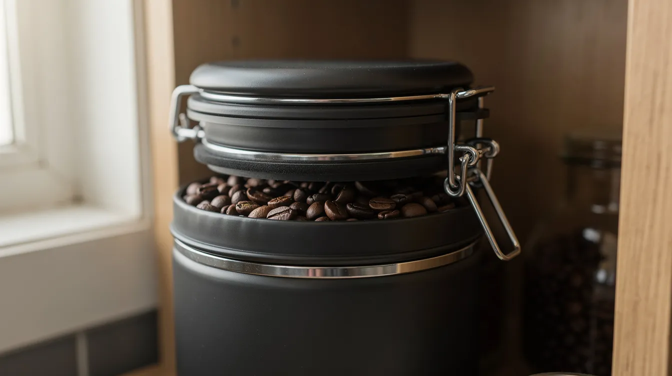 A dark airtight canister filled with coffee beans is displayed on a kitchen shelf, preserving the freshness of the specialty coffee inside. This storage solution is ideal for coffee lovers who appreciate the rich flavors of freshly roasted coffee.