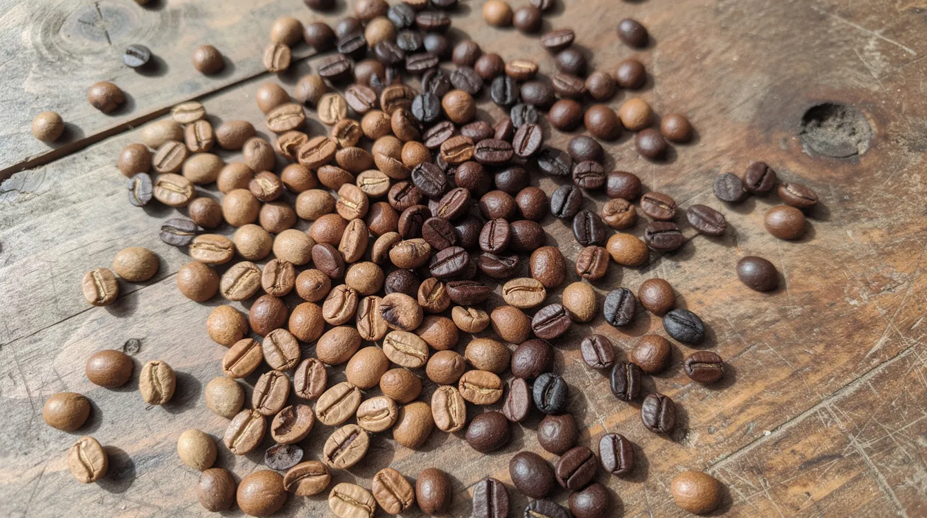 An assortment of whole coffee beans in various roast levels—light, medium, and dark—are spread across a rustic wooden surface, showcasing their rich colors and textures. This image highlights the diversity of amazing coffee, appealing to coffee enthusiasts and roasters alike.