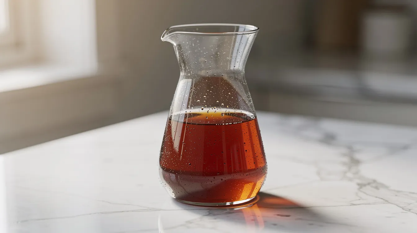 A glass carafe filled with amber-colored cold brew coffee concentrate rests on a sleek marble countertop, showcasing the rich, full-bodied essence of low acid coffee. This visually appealing display highlights the growing popularity of low acid coffee options, perfect for those seeking a gentler cup that is stomach-friendly and ideal for sensitive stomachs.