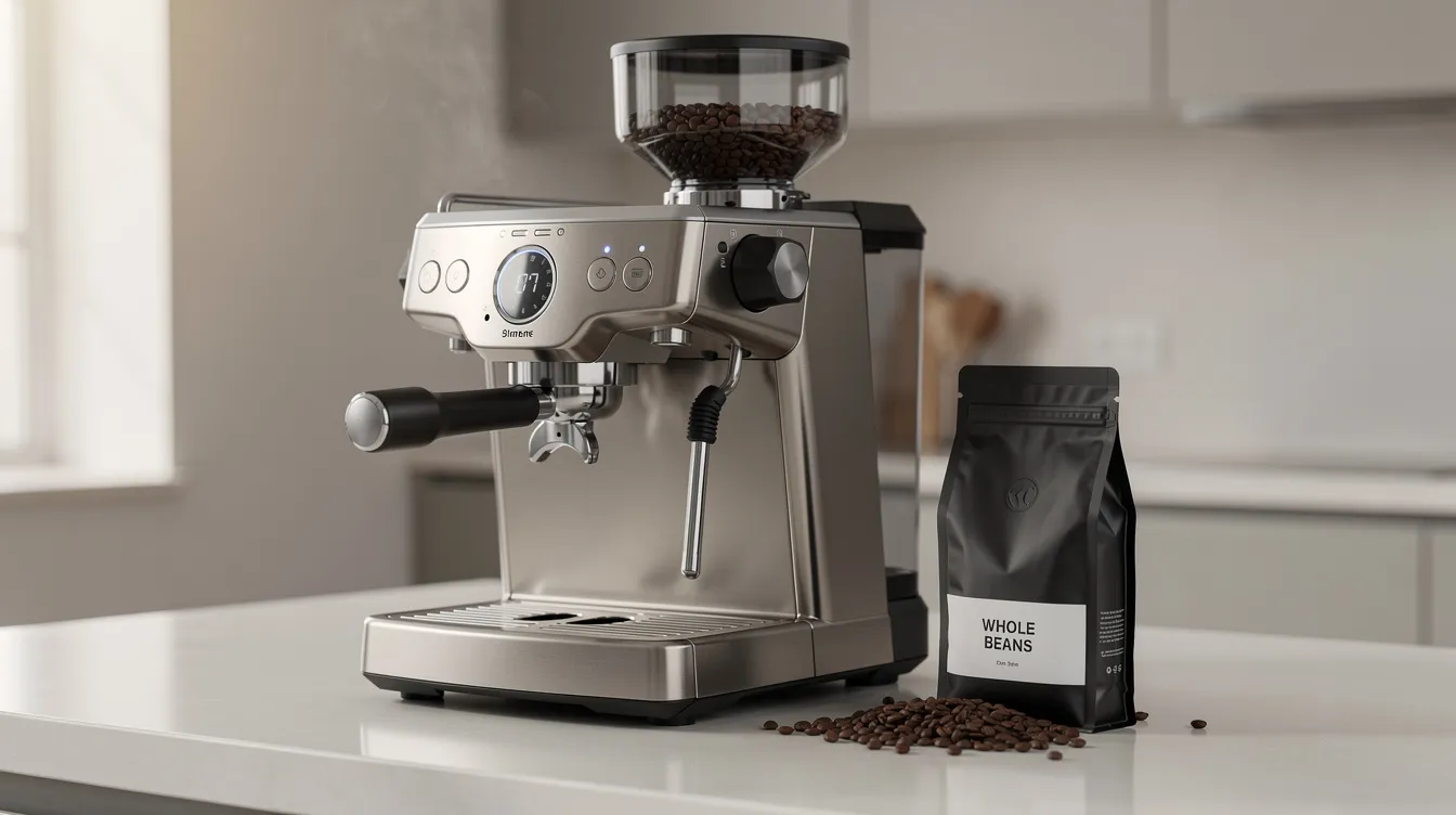 A semi-automatic espresso machine with an integrated grinder is prominently displayed on a clean kitchen countertop, alongside a bag of whole coffee beans, highlighting its role as essential espresso equipment for home baristas. This setup suggests the potential for creating exceptional espresso and milk-based drinks.