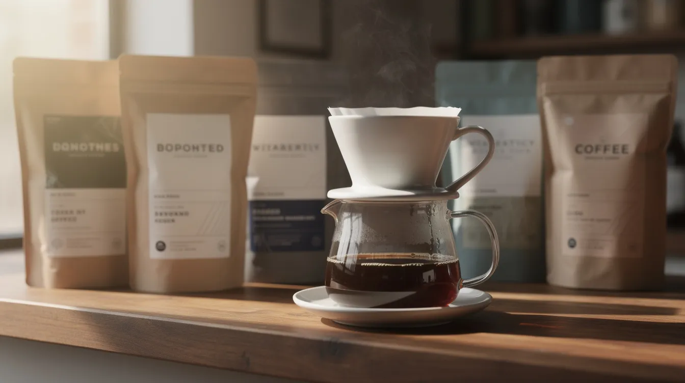 An assortment of specialty coffee bags is neatly arranged next to a ceramic pour-over dripper and a glass carafe on a wooden countertop, showcasing freshly roasted coffee options from various coffee subscription services like Trade Coffee and Bean Box, perfect for coffee lovers seeking high-quality brews. The scene highlights the artistry of coffee making processes and the joy of discovering new beans for your morning cup.