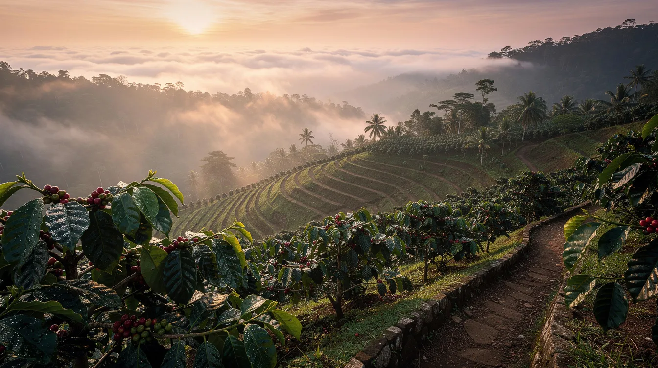 A misty mountain landscape showcases terraced hillsides adorned with lush coffee plants at sunrise, highlighting the beauty of Brazilian coffee production. The scene evokes the rich flavors of specialty coffee, particularly the renowned arabica beans cultivated in this tropical region.