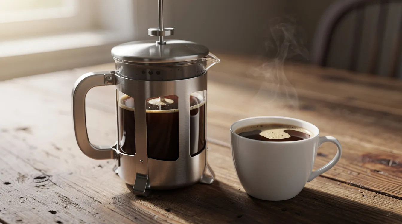 A stainless steel French press sits on a wooden breakfast table, accompanied by a cup of dark, freshly brewed coffee. The scene captures the essence of good coffee, ideal for coffee drinkers seeking a flavorful start to their day.