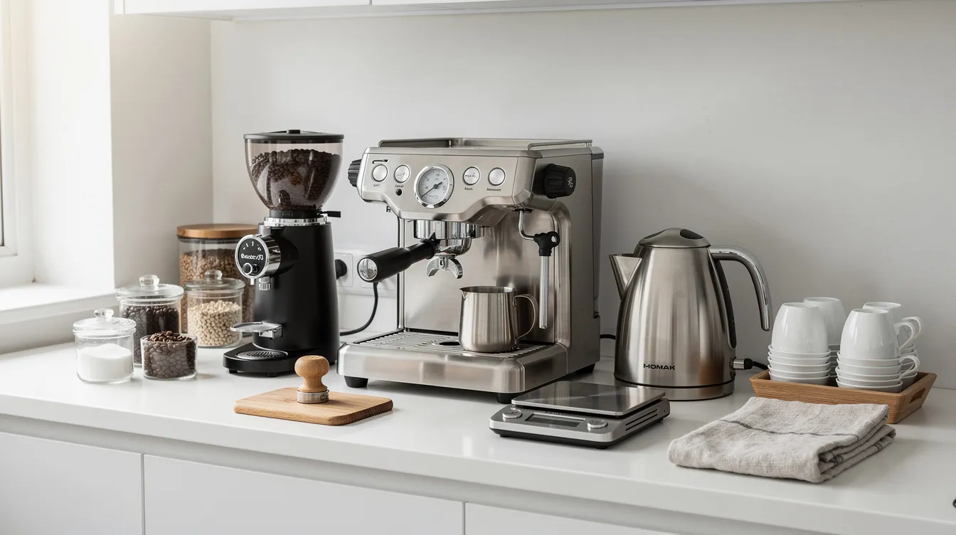 The image features a neatly organized home coffee station on a clean white countertop, showcasing an espresso machine, a conical burr grinder, a kettle, and various accessories, perfect for coffee lovers and home baristas. The setup emphasizes a stylish brewing experience, ideal for crafting the perfect espresso shot or cappuccinos.