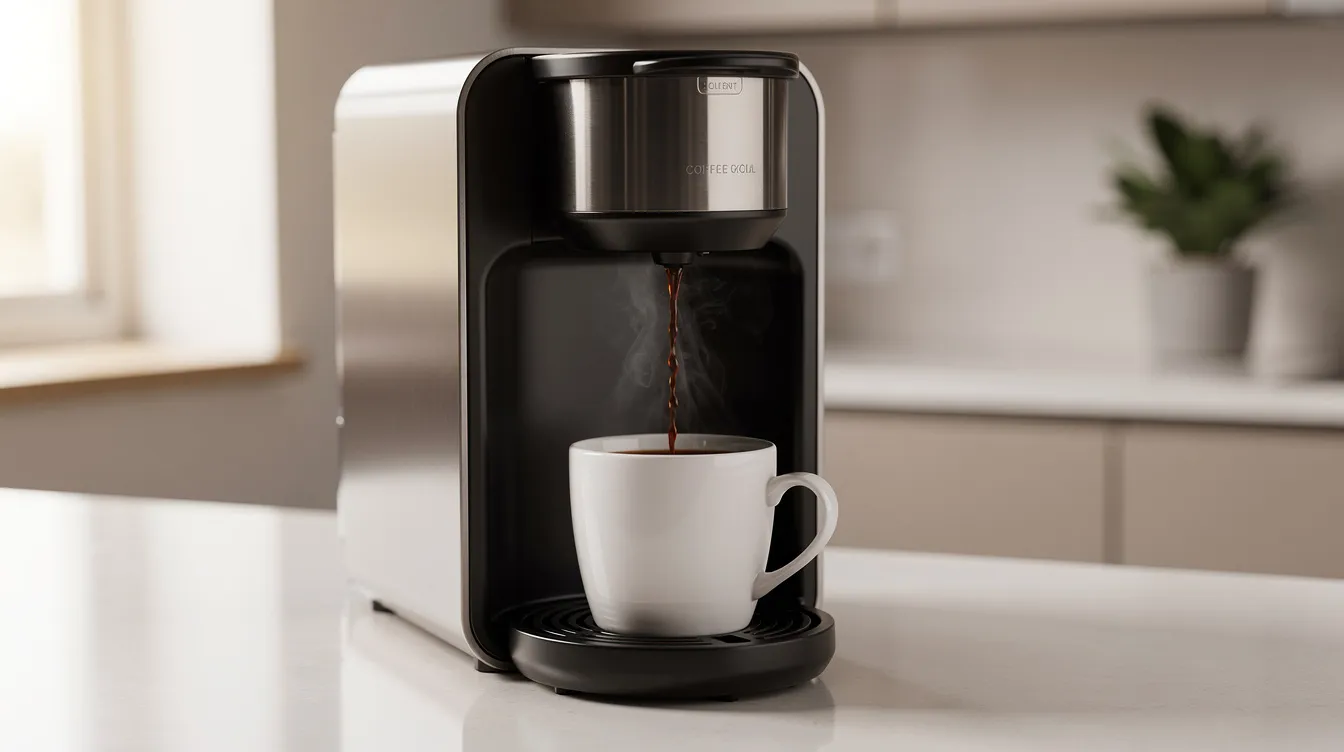 A sleek modern single-serve coffee maker is brewing a fresh cup of hot coffee into a white ceramic mug, sitting on a clean kitchen countertop. This coffee machine highlights the convenience of single serve coffee, perfect for coffee lovers who enjoy flavorful coffee with minimal cleanup.