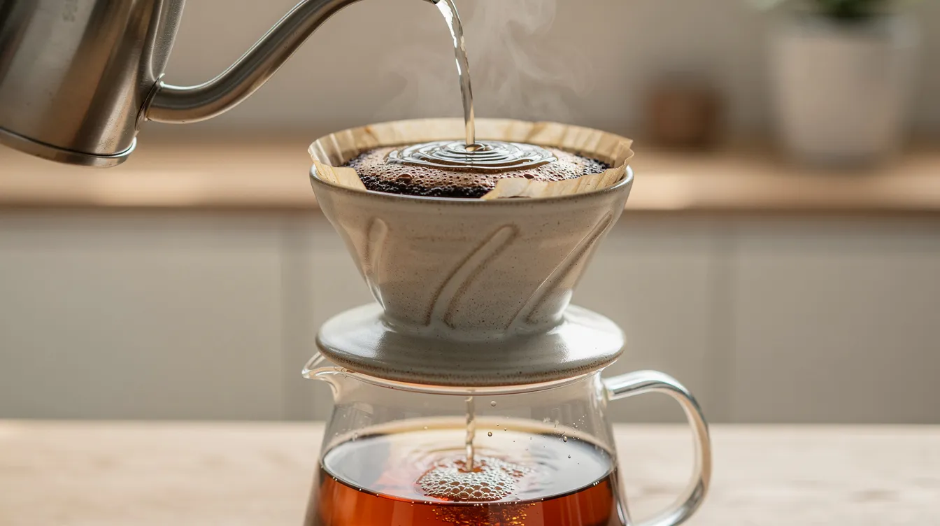A ceramic pour-over dripper is positioned atop a glass carafe, with hot water being poured in a slow spiral over medium roast coffee grounds, creating a rich aroma. The brewing method highlights the coffee's inherent characteristics, showcasing the flavor profile as it transforms into a finished cup.