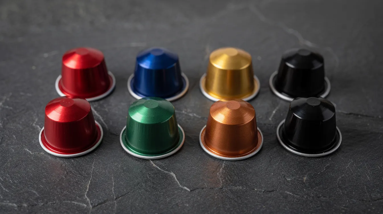 The image features a collection of small aluminum coffee capsules in various vibrant colors, neatly arranged on a dark countertop, showcasing options for coffee lovers who enjoy using single serve coffee makers like Nespresso machines or Keurig coffee machines. These colorful coffee pods represent a variety of flavors and styles, perfect for brewing a delicious cup of coffee.