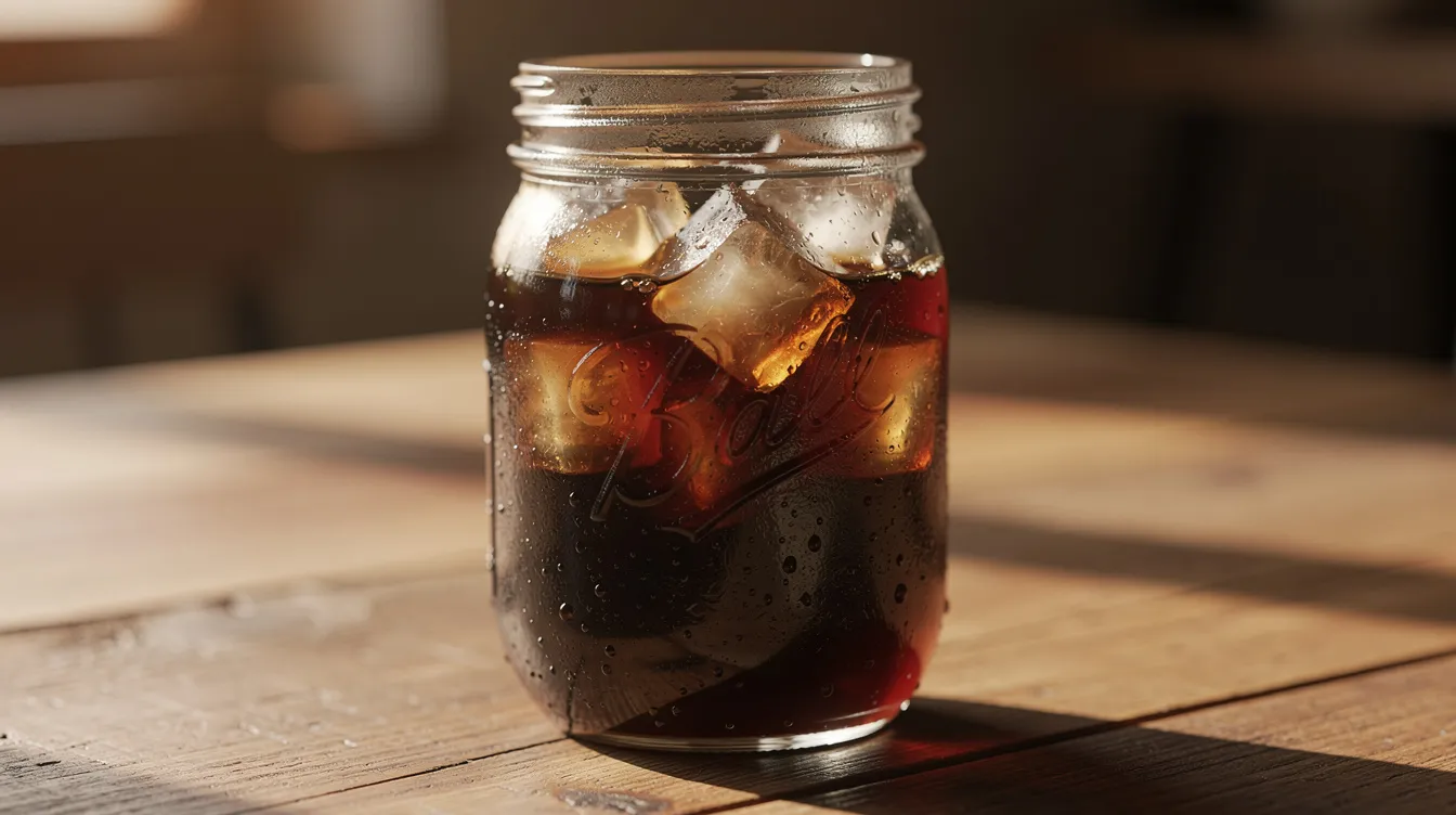 A mason jar filled with cold brew coffee and ice cubes sits on a sunlit wooden table, evoking a refreshing moment perfect for coffee lovers. The scene captures the essence of enjoying delicious coffee, ideal for those who appreciate the best coffee subscriptions or a great gift for coffee drinkers.