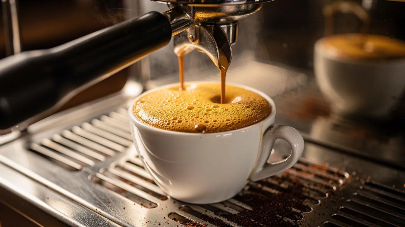 An espresso shot is being pulled from a portafilter into a small ceramic cup, showcasing a rich golden crema forming on top, indicative of freshly roasted espresso beans. The scene captures the essence of a balanced shot of espresso, perfect for coffee enthusiasts seeking the best coffee experience.