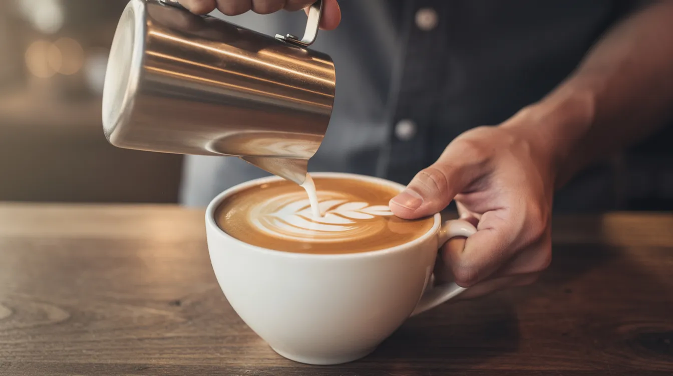A skilled barista is pouring steamed milk into a wide ceramic cup, creating a beautiful rosetta pattern in the latte. The scene captures the artistry of espresso drinks, highlighting the rich textures and creamy layers of this popular milk-based beverage.