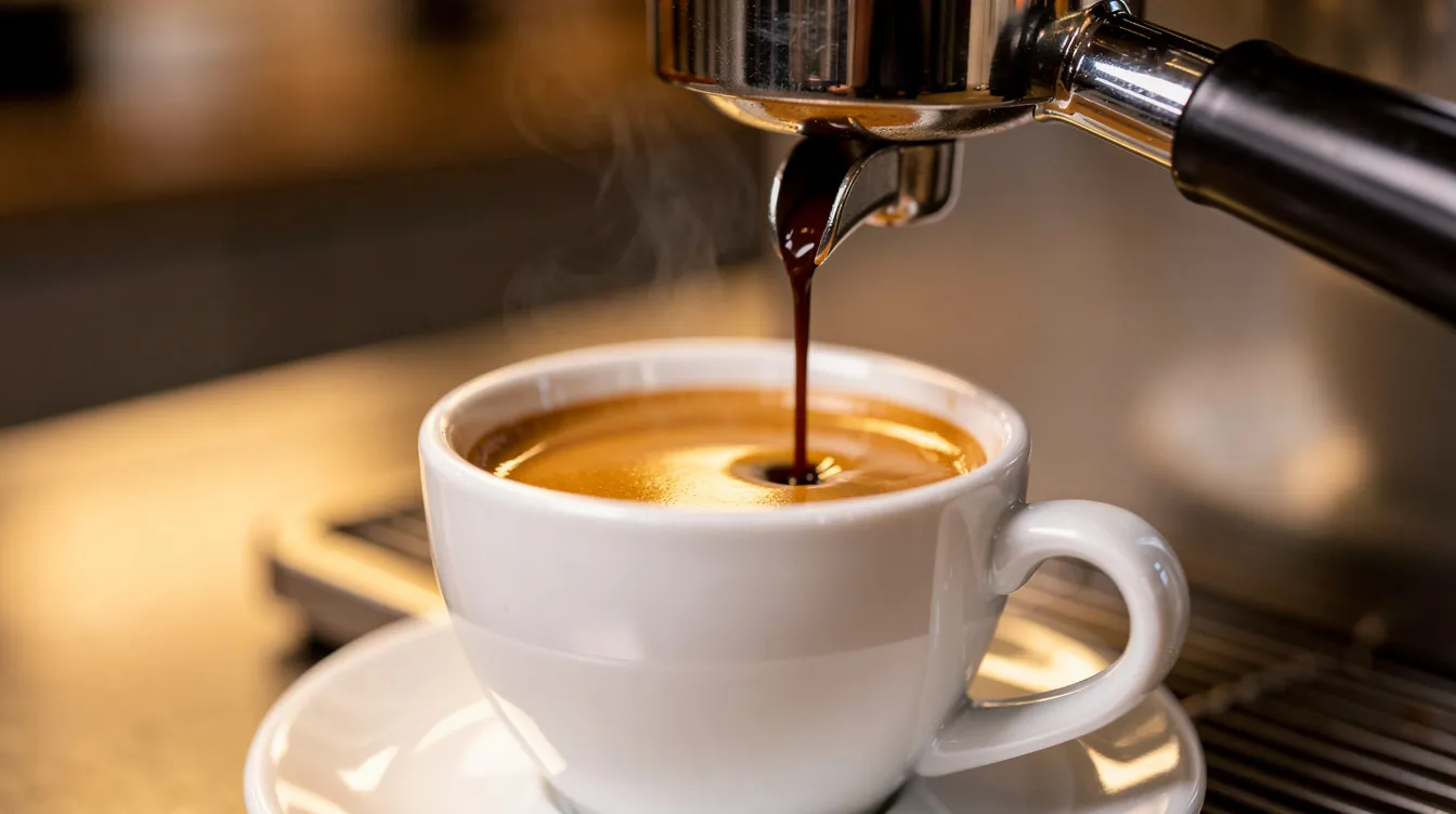 An espresso shot is pouring from a portafilter into a white ceramic cup, showcasing a rich layer of golden crema on top. This image captures the essence of a classic espresso experience, highlighting the bold flavors and fine craftsmanship of specialty coffee.