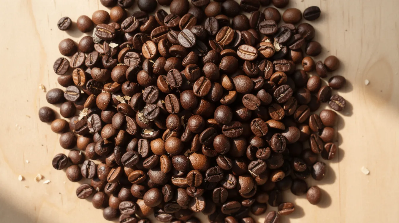 A close-up view of freshly roasted dark brown coffee beans is spread across a light wooden surface, showcasing various roast levels from light to dark. The image highlights the rich textures and colors of high-quality coffee beans, emphasizing their deep, inviting tones perfect for brewing espresso or milk-based drinks.