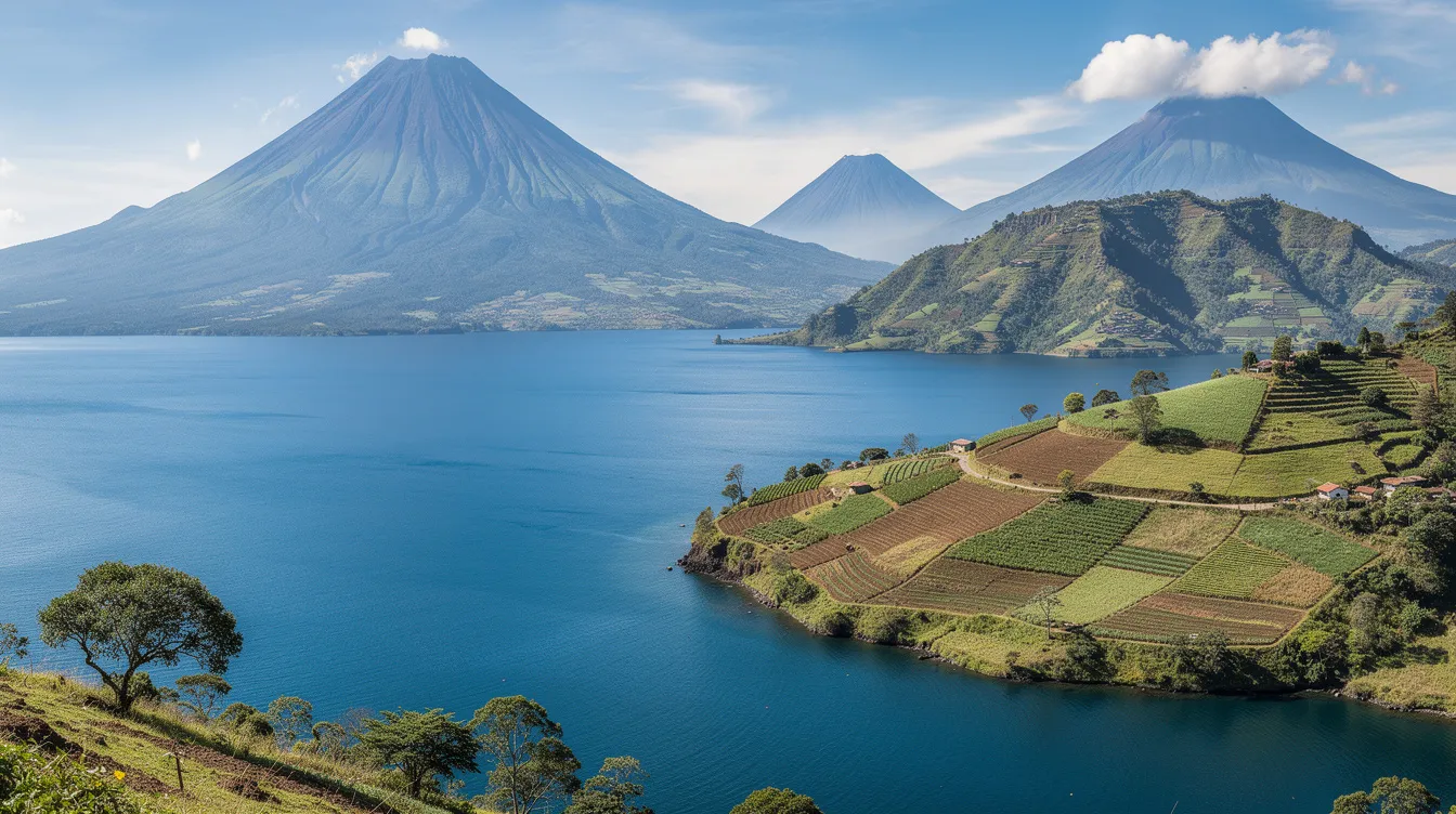 A panoramic view of Lake Atitlán showcases its stunning beauty, surrounded by majestic volcanic peaks and lush green hillsides dotted with small farming plots where coffee plants thrive. This picturesque landscape is part of Guatemala, known for producing some of the best Guatemalan coffee, including varieties like Antigua and Huehuetenango coffee, which benefit from the region's rich volcanic soil.