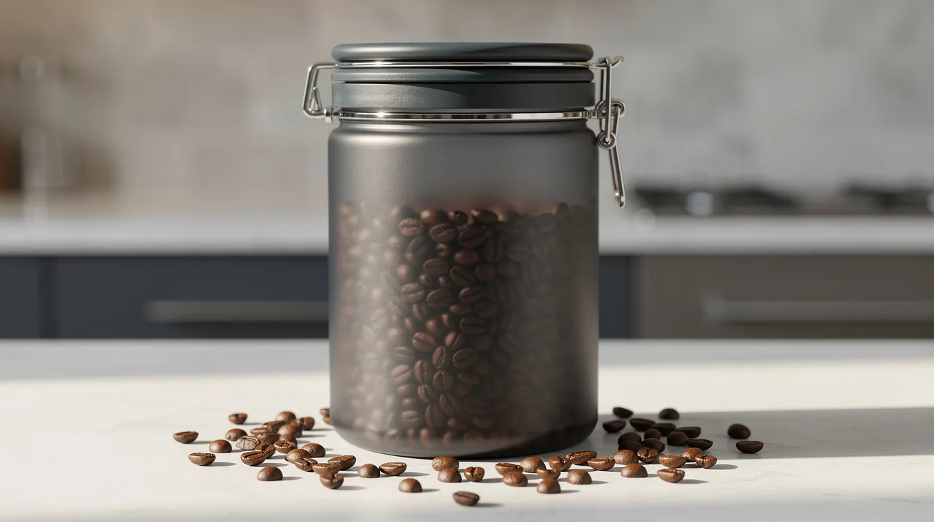 An opaque airtight container filled with whole coffee beans sits on a kitchen counter, ready for coffee drinkers to brew a perfect cup using their favorite coffee maker. The container helps preserve the freshness and flavor of the beans, ensuring consistently good coffee for every brewing process.