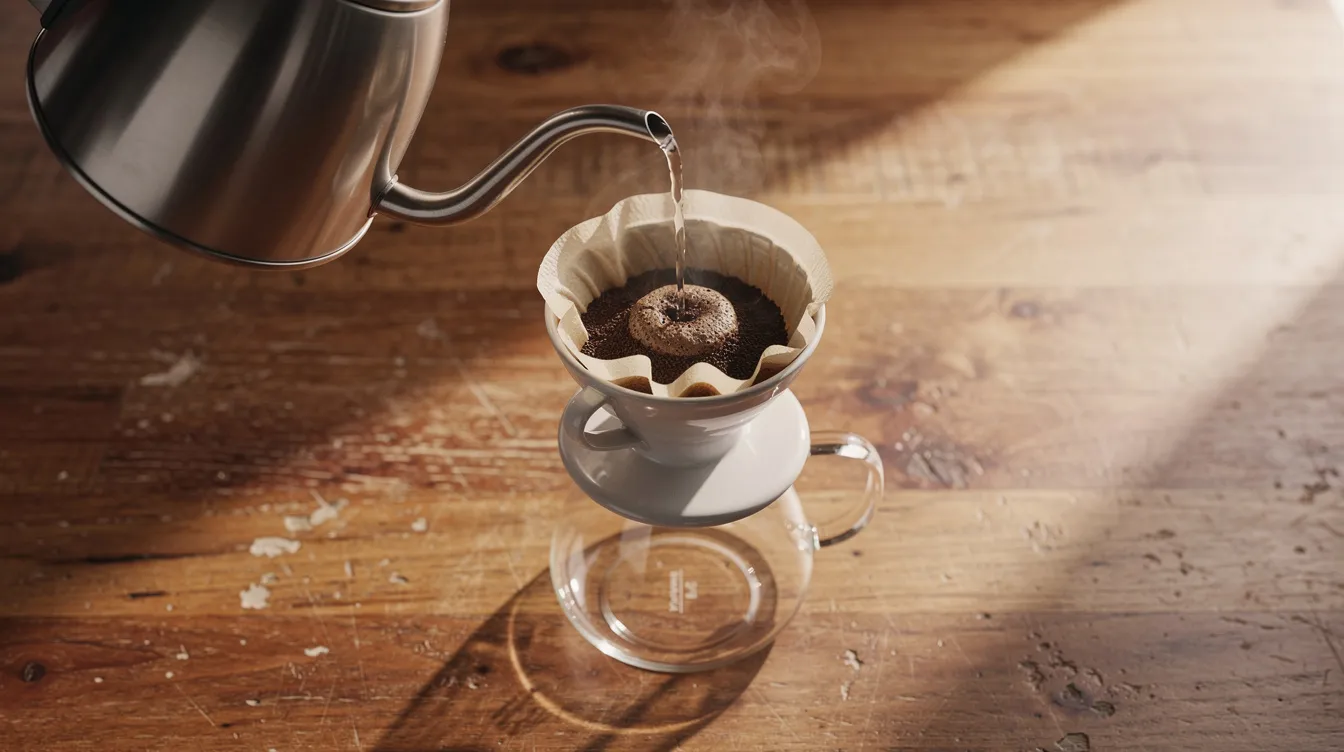 An overhead view captures a gooseneck kettle gracefully pouring filtered water into a ceramic pour-over dripper, which is positioned atop a glass carafe on a wooden counter. This scene highlights the art of coffee brewing, emphasizing the importance of the coffee to water ratio for achieving a flavorful cup.