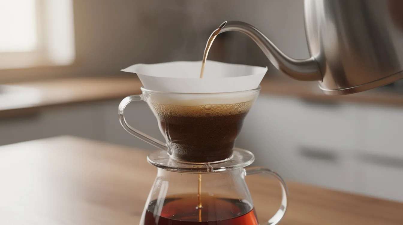 A pour-over coffee setup is depicted, featuring hot water being poured over dark roast coffee grounds in a glass dripper. The rich aroma of dark roast coffee fills the air, highlighting the brewing process that enhances the bold flavors and chocolate notes typical of quality dark roast beans.