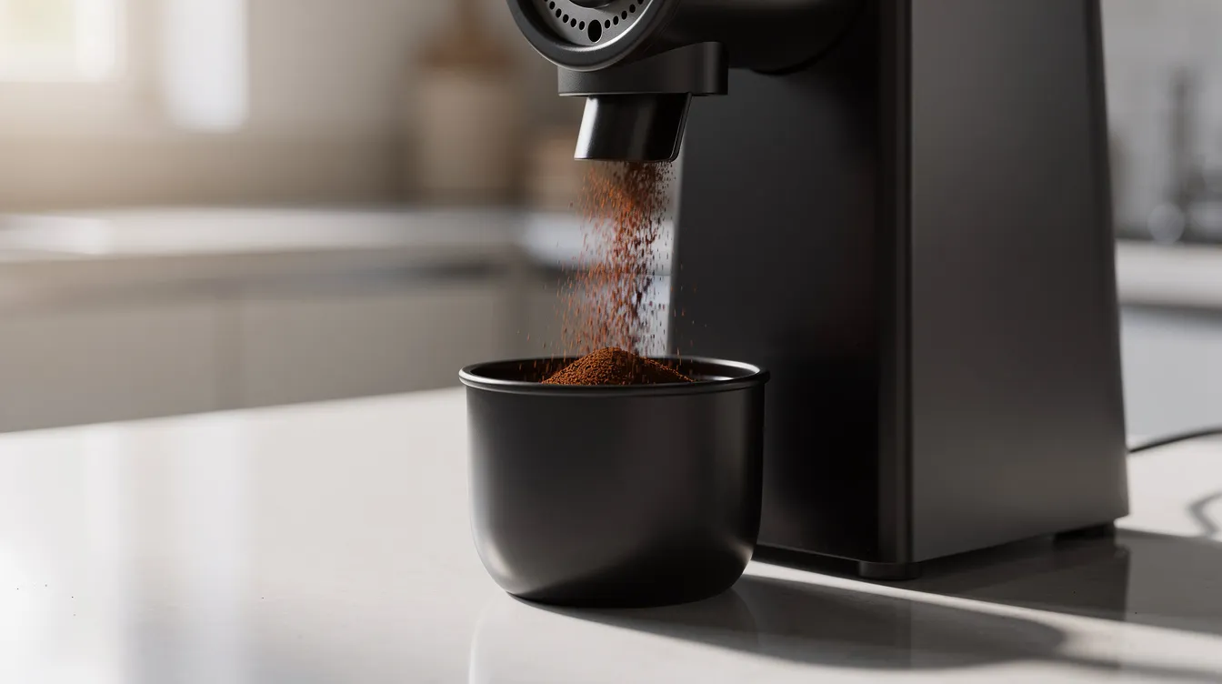 A close-up view of a flat burr coffee grinder, specifically the Fellow Ode, is shown as freshly ground coffee falls into a dark magnetic cup on a clean kitchen counter. The image highlights the modern design and precision of the grinder, capturing the essence of quality coffee preparation.