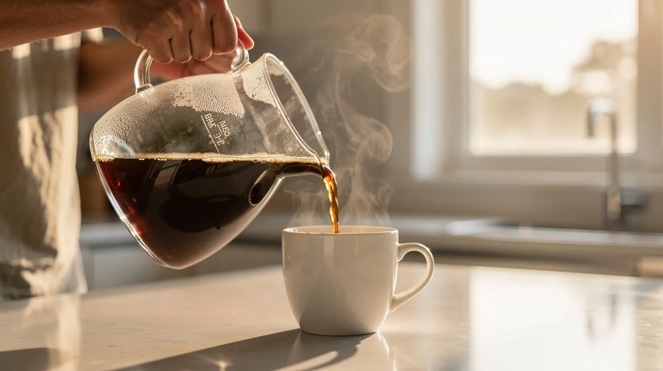 A person is pouring freshly brewed coffee from a glass carafe into a white ceramic mug in a bright kitchen, showcasing the process of using a drip coffee maker. The scene captures the warmth and aroma of good coffee being prepared, highlighting the joy of making a flavorful cup in a cozy environment.